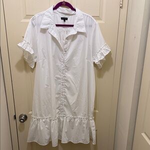 White Ruffle-Trim Button Front Mini Dress